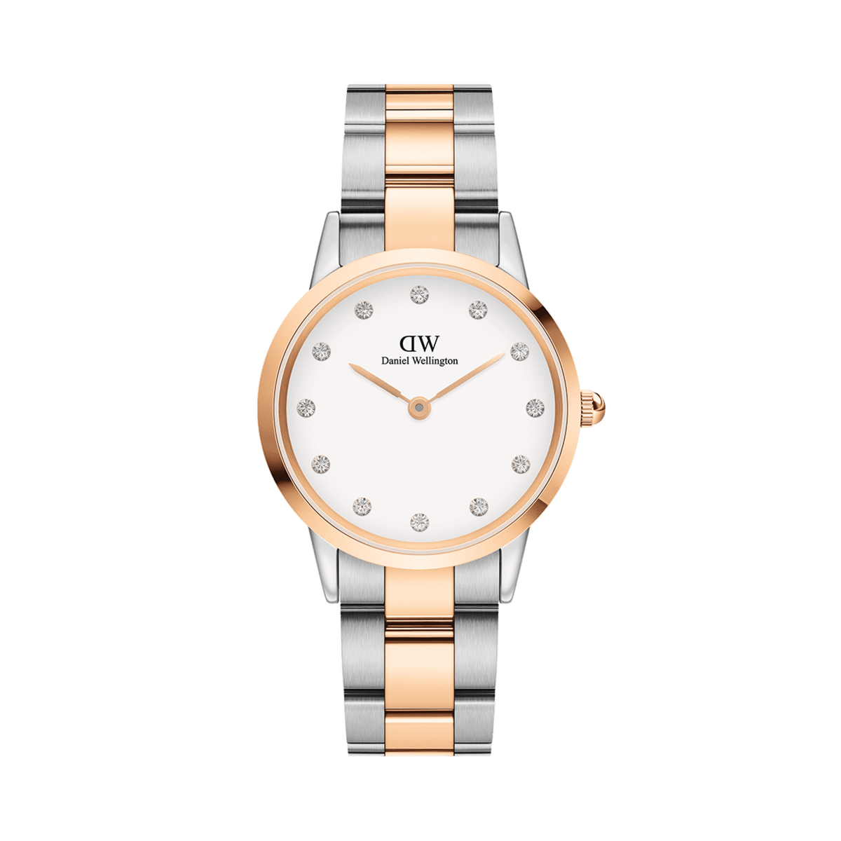 Ladies two-tone Daniel Wellington Iconic Link Lumine Rose Gold watch with a round eggshell white dial, crystal hour markers, and a polished stainless steel bracelet featuring rose gold accents.
