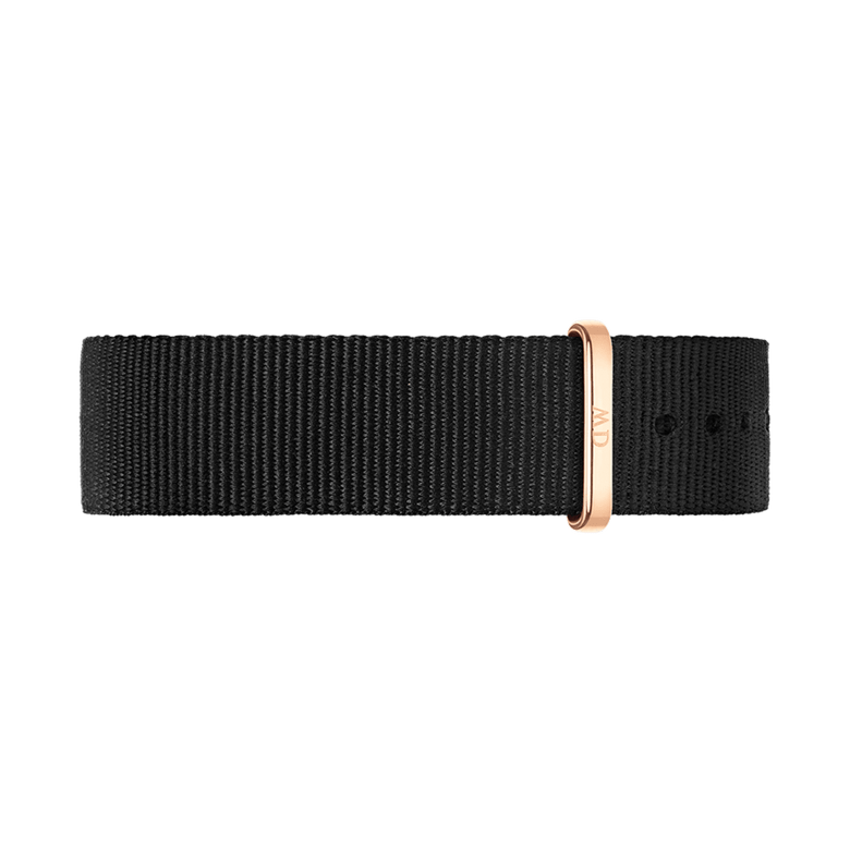 Black NATO-style watch strap made from durable polyester, featuring a rose gold buckle and minimalist design, suitable for a range of watch sizes.