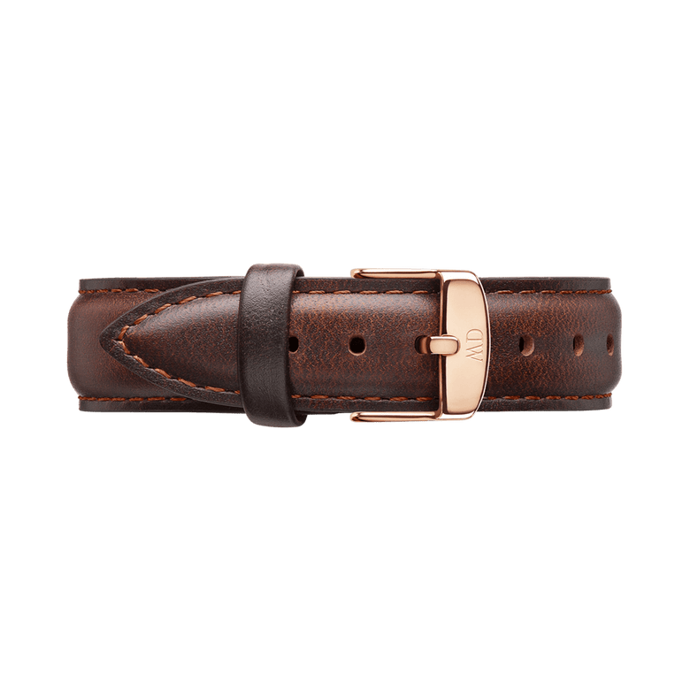 Bristol Strap Rose Gold featuring dark brown genuine leather with contrast stitching and a rose gold buckle, designed for a refined and versatile watch upgrade.