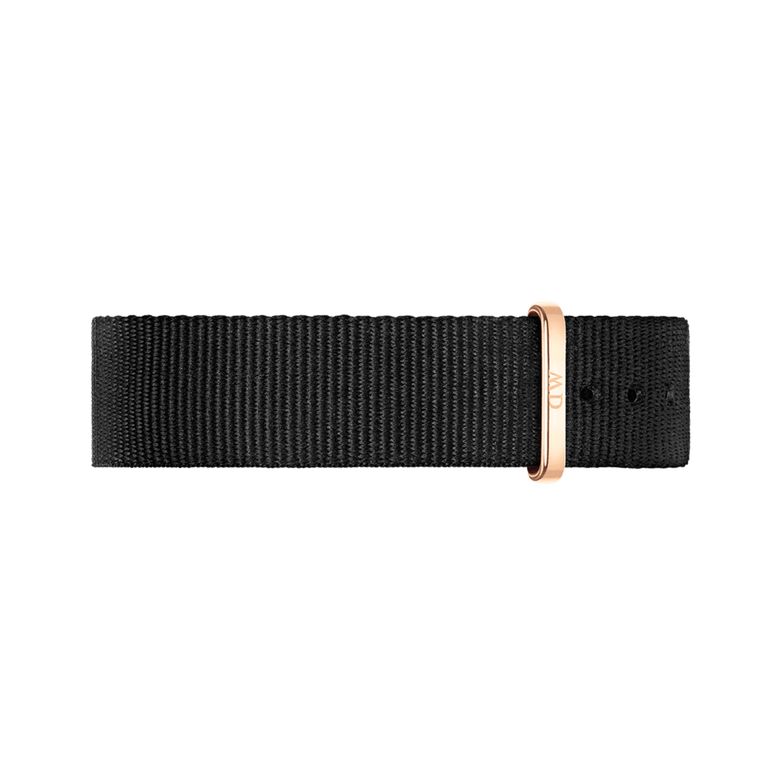 Cornwall Strap Rose Gold features a black NATO-style polyester watch strap with a rose gold buckle, designed for a sleek and modern update to your timepiece.