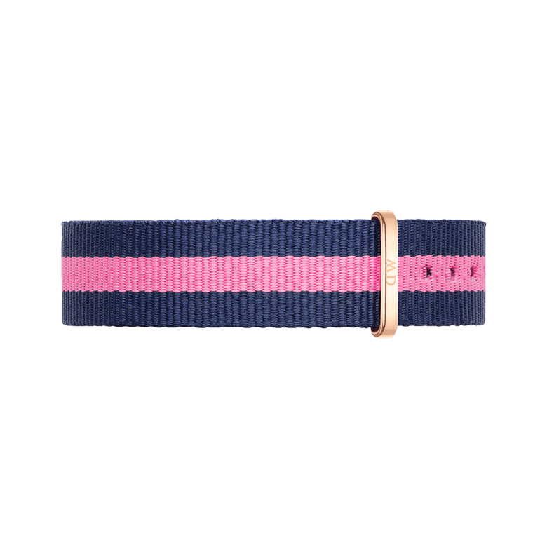 Winchester Strap Rose Gold features a navy and pink striped 18mm NATO watch strap with a rose gold buckle, crafted from durable polyester for a comfortable and stylish upgrade.