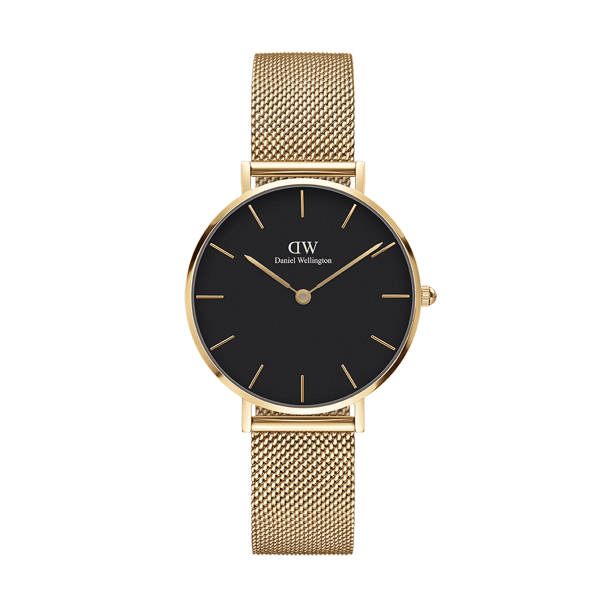 Daniel Wellington Petite Evergold Black gold watch featuring a slim gold mesh strap, minimalist black dial, and gold hour markers, ideal for women seeking a refined accessory for everyday wear.