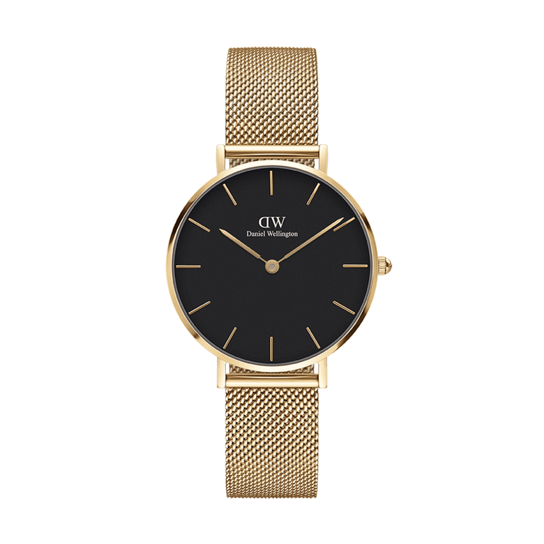 Daniel Wellington Petite Evergold Black gold watch featuring a slim gold mesh strap, minimalist black dial, and gold hour markers, ideal for women seeking a refined accessory for everyday wear.