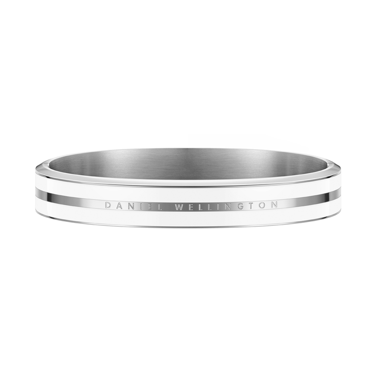 Polished silver bangle with satin white enamel detailing, featuring the Daniel Wellington logo engraved on the front, designed for a minimalist and refined look suitable for both men and women.