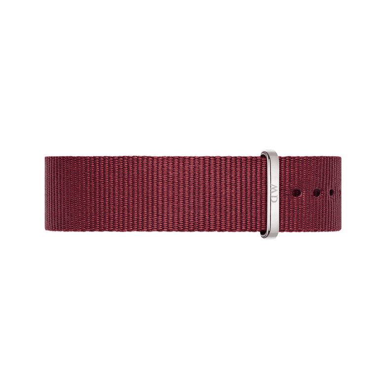 Ruby red Roselyn Strap Silver NATO watch strap with a slim silver buckle, crafted from durable polyester and designed for a comfortable, modern fit.