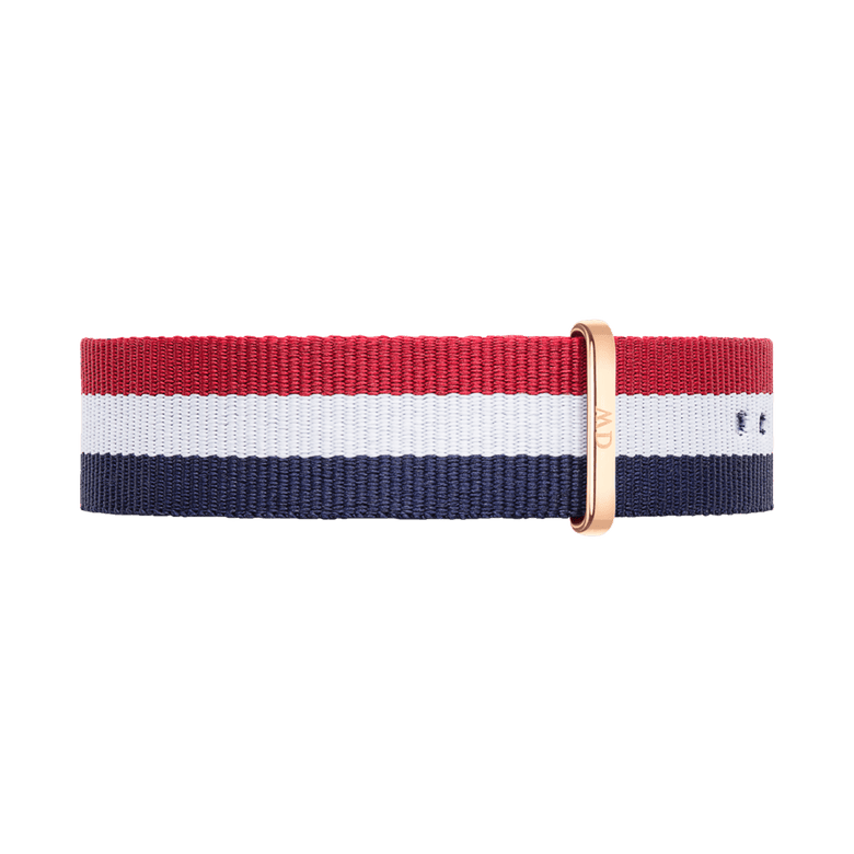Cambridge Strap Rose Gold features bold red, white, and navy stripes in a durable NATO style, finished with a rose gold buckle for a refined and modern look.
