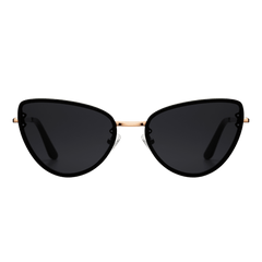 Lynx Steel Black cat eye sunglasses with dark nylon lenses, rose gold plated stainless steel frame, and sleek temples, designed for women seeking stylish UV400 protection.