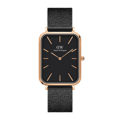 Rectangular ladies watch with a rose gold case, minimalist black dial, and adjustable black mesh strap, blending modern and classic design for versatile everyday wear.