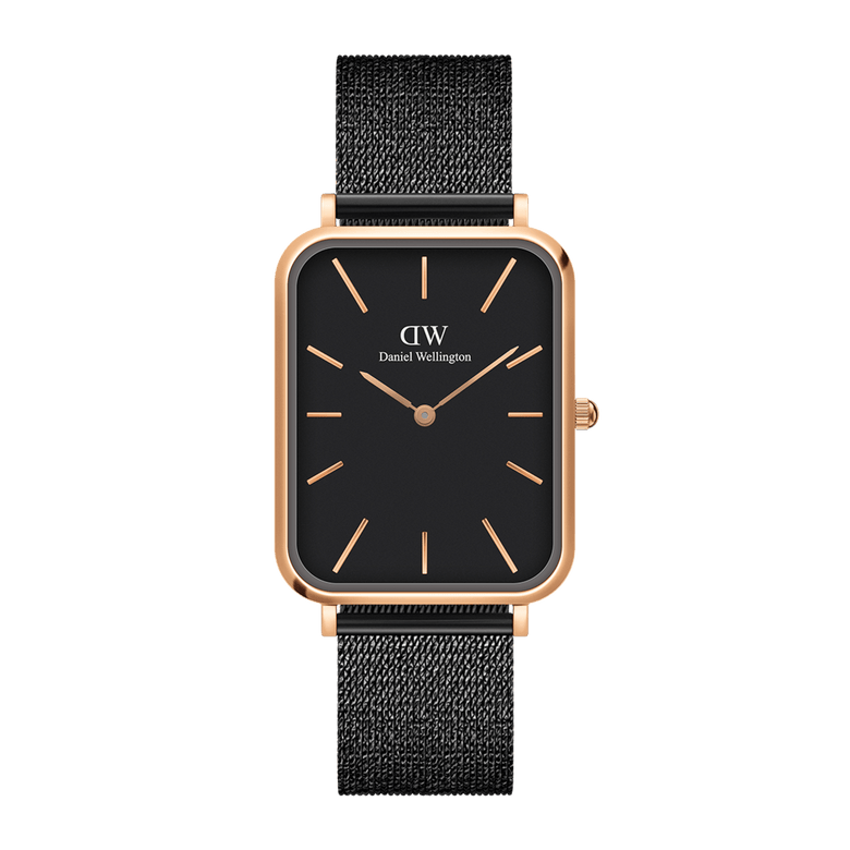 Rectangular ladies watch with a rose gold case, minimalist black dial, and adjustable black mesh strap, blending modern and classic design for versatile everyday wear.