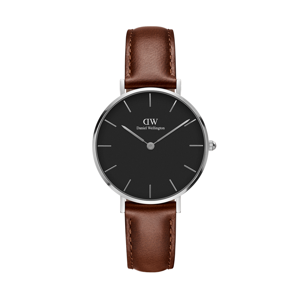 Petite St Mawes Black Silver watch with a sleek black dial, polished silver case, and slim brown leather strap, designed for women who prefer a modern, understated accessory.