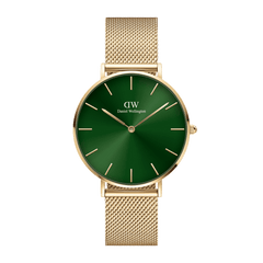 Petite Emerald women’s watch with a gold mesh strap, emerald green sunray dial, and minimalist gold markers, offering a sleek and versatile accessory for everyday wear.