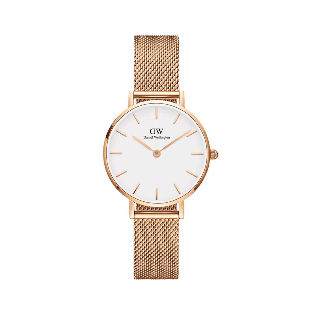 Petite Melrose Rose Gold women’s watch with a clean white dial, rose gold hour markers and hands, and a slim rose gold mesh strap for a modern, elegant look.
