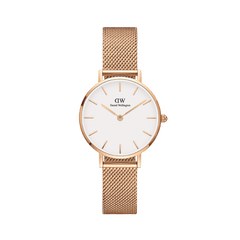 Petite Melrose Rose Gold women’s watch with a clean white dial, rose gold hour markers and hands, and a slim rose gold mesh strap for a modern, elegant look.