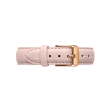 Soft pink leather watch strap with a pressed crocodile pattern and a rose gold buckle, designed for a comfortable and stylish fit.