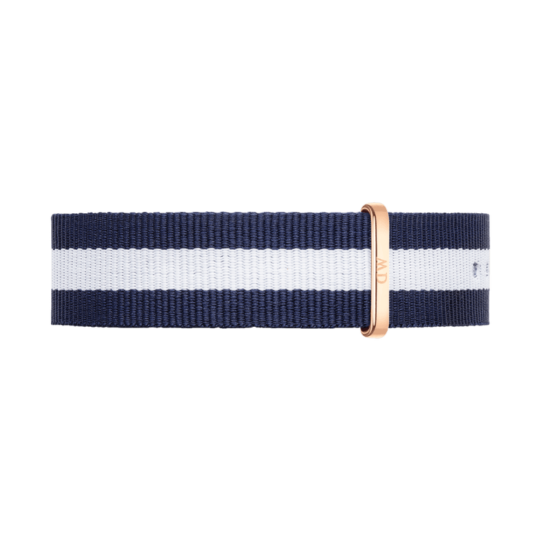 Navy blue and white striped NATO watch strap with a rose gold buckle, crafted from durable polyester for a comfortable and stylish fit.