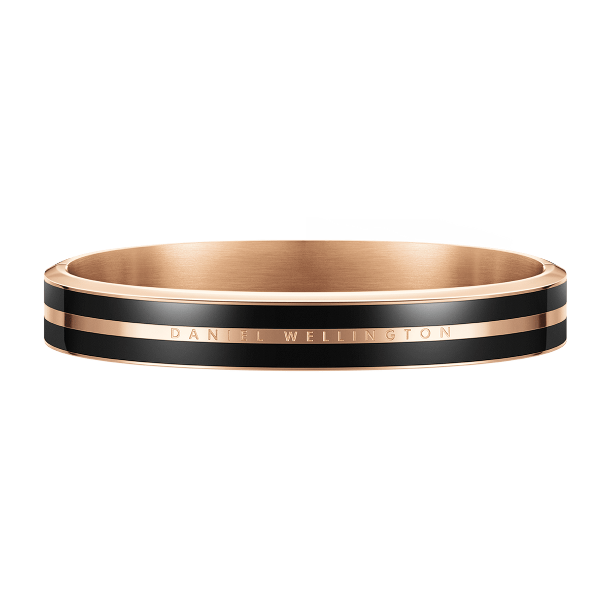 Rose gold and black enamel bangle bracelet with minimalist design, featuring sleek enamel ribbons and subtle engraved branding, suitable for both men and women.