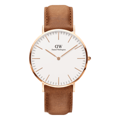 Classic Durham Rose Gold watch featuring a slim rose gold case, minimalist white dial, and light brown leather strap, designed for everyday comfort and timeless style.