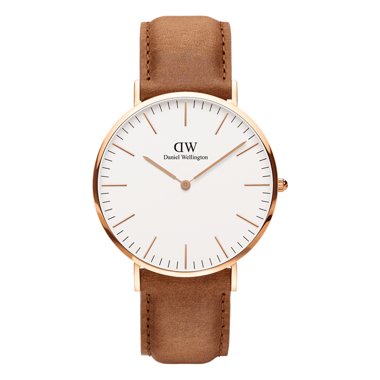 Classic Durham Rose Gold watch featuring a slim rose gold case, minimalist white dial, and light brown leather strap, designed for everyday comfort and timeless style.