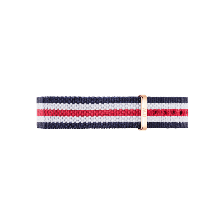 Canterbury Strap Rose Gold NATO watch strap in navy, white, and red stripes with a rose gold buckle, shown in a smaller size suitable for slim wrists or petite watches.