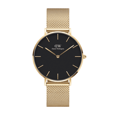 Petite Evergold Black gold watch with a black dial, slim gold hour markers, and an adjustable gold mesh strap, offering a modern yet classic look for women.