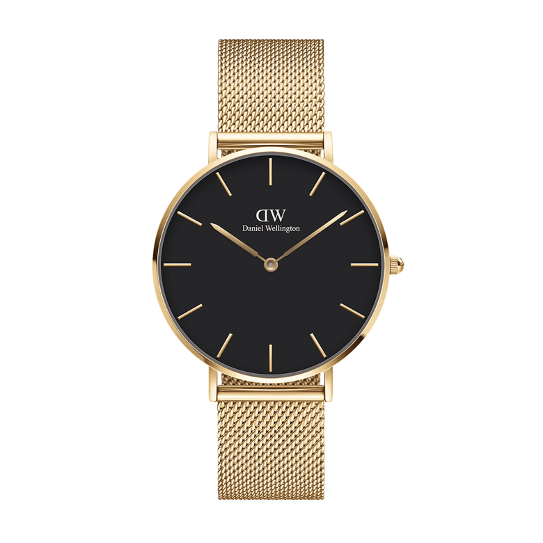 Petite Evergold Black gold watch with a black dial, slim gold hour markers, and an adjustable gold mesh strap, offering a modern yet classic look for women.
