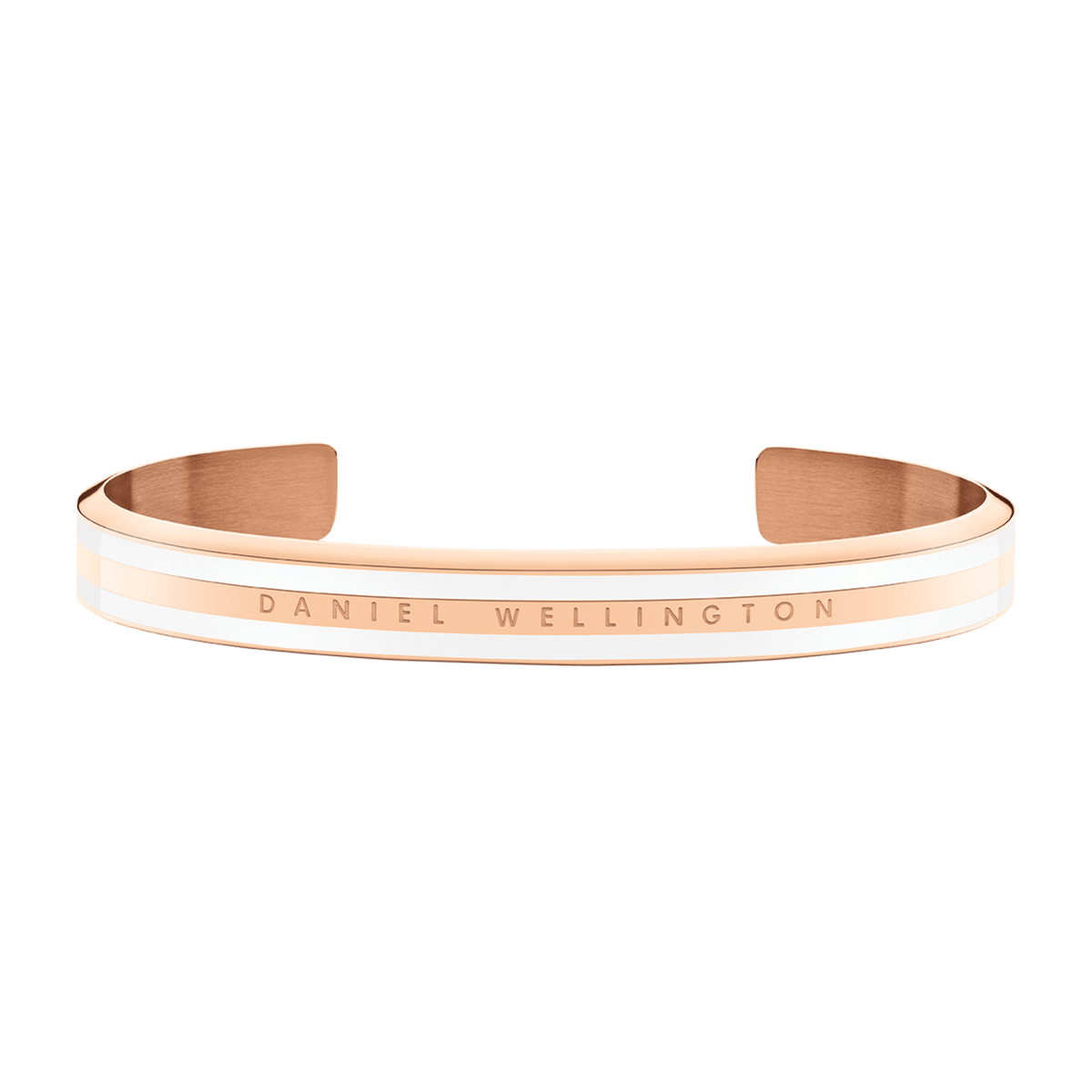 Slim rose gold bracelet with satin white enamel detailing, featuring the engraved Daniel Wellington logo and a minimalist open cuff design suitable for everyday wear.
