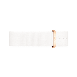 White NATO style watch strap in durable polyester with a rose gold buckle, featuring a minimalist design and adjustable holes for a modern, versatile look.