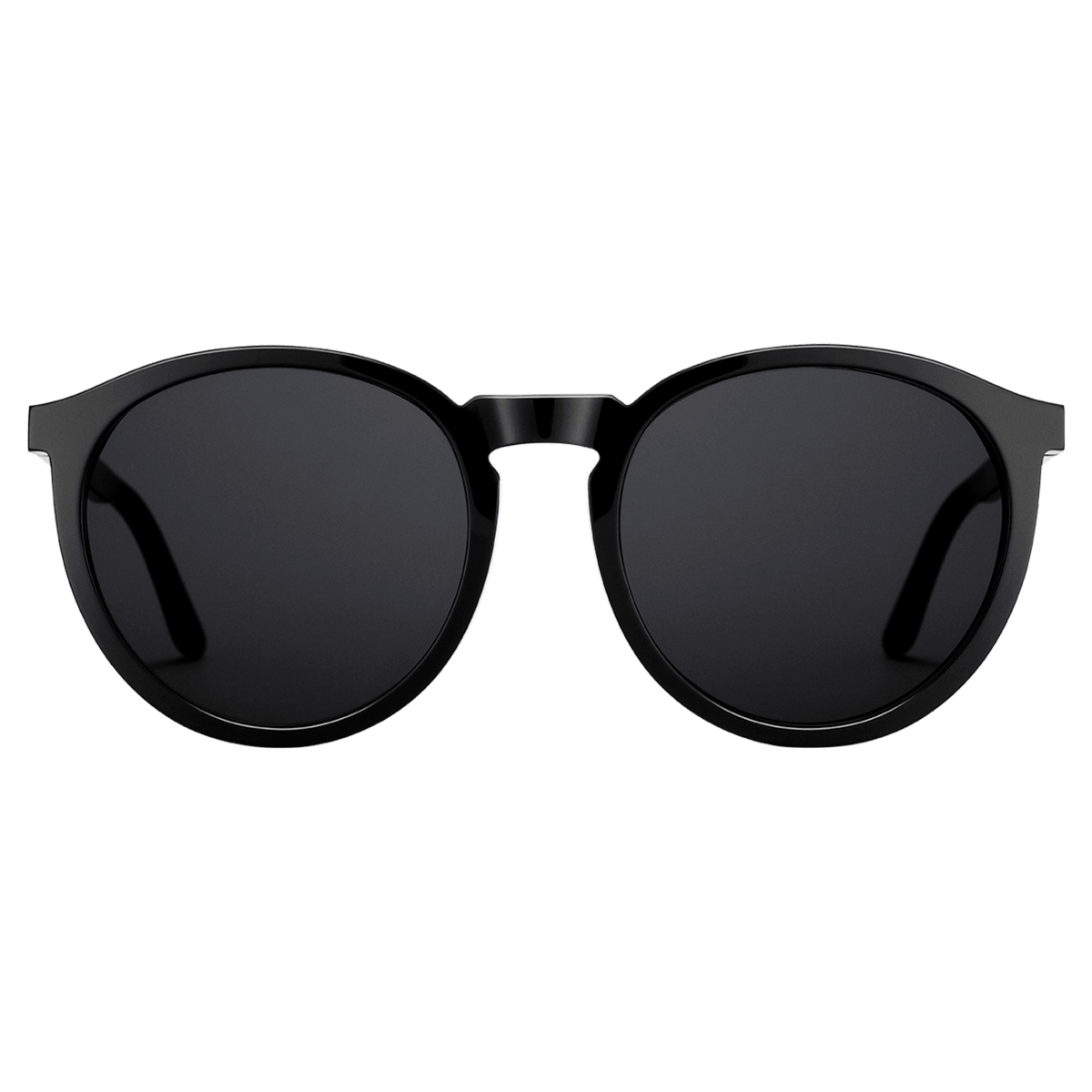 Minimalist Arch Bio-Acetate Black sunglasses with round frames, deep black lenses, and a smooth, lightweight acetate finish designed for comfort and everyday style.