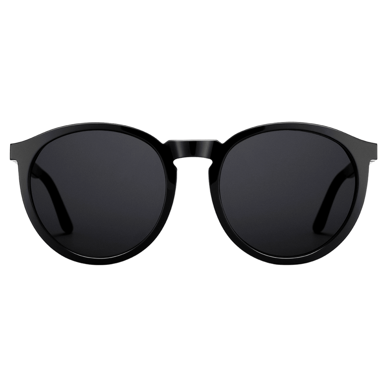 Minimalist Arch Bio-Acetate Black sunglasses with round frames, deep black lenses, and a smooth, lightweight acetate finish designed for comfort and everyday style.