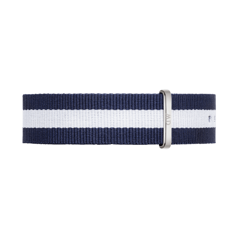 Navy and white striped NATO style watch strap with a silver buckle, made from durable polyester fabric for a comfortable and versatile fit.
