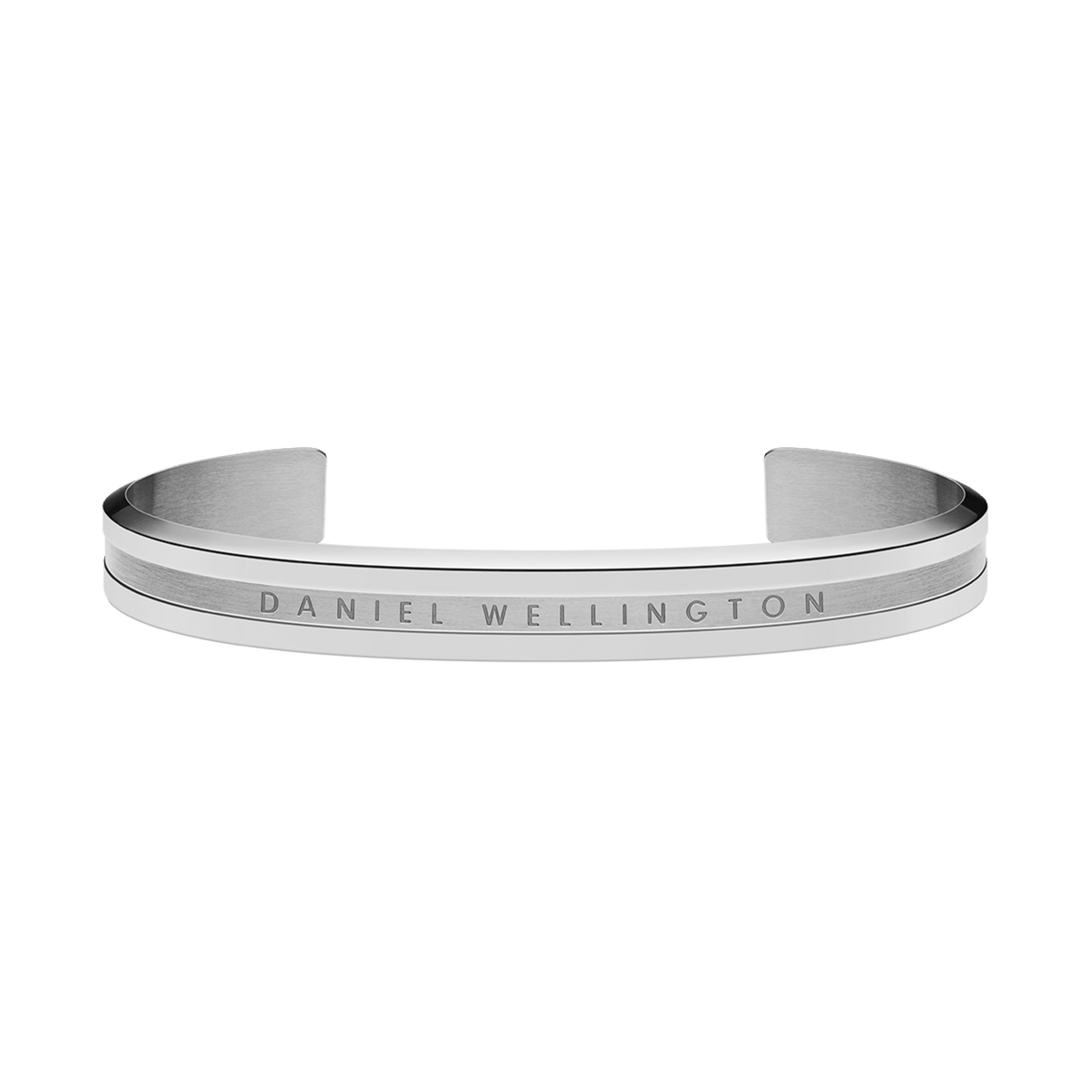 Minimalist silver cuff bracelet with a polished finish, featuring the engraved Daniel Wellington logo and a slim, open design suitable for both men and women.