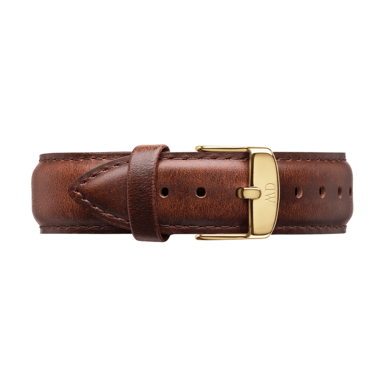 St Mawes Strap Gold features smooth brown genuine leather with visible stitching and a gold buckle, providing a classic and comfortable replacement strap for Daniel Wellington watches.