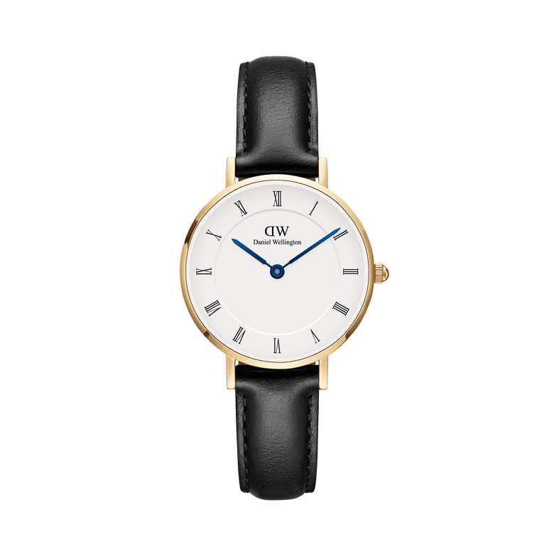 Petite Roman Numerals Sheffield Gold watch with a gold case, white dial featuring Roman numerals and blue steel hands, paired with a slim black leather strap.