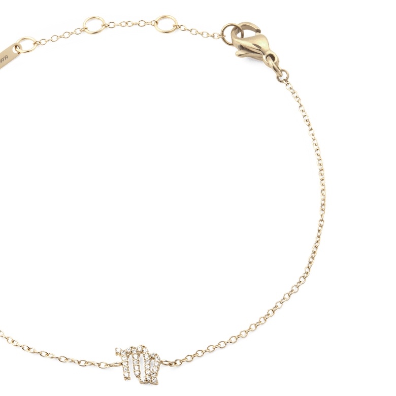 Gold chain bracelet with an adjustable clasp, featuring a Virgo zodiac charm set with sparkling crystals and a minimalist, elegant design.
