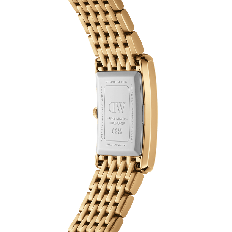 Back view of the Bound 9-Link Gold watch showing the stainless steel case, engraved details, and the integrated gold 9-link bracelet.