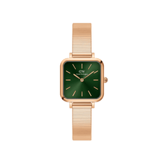 Quadro Studio Green Rose Gold ladies watch featuring a square rose gold case, emerald green dial, minimalist hour markers, and a refined piano link mesh strap.