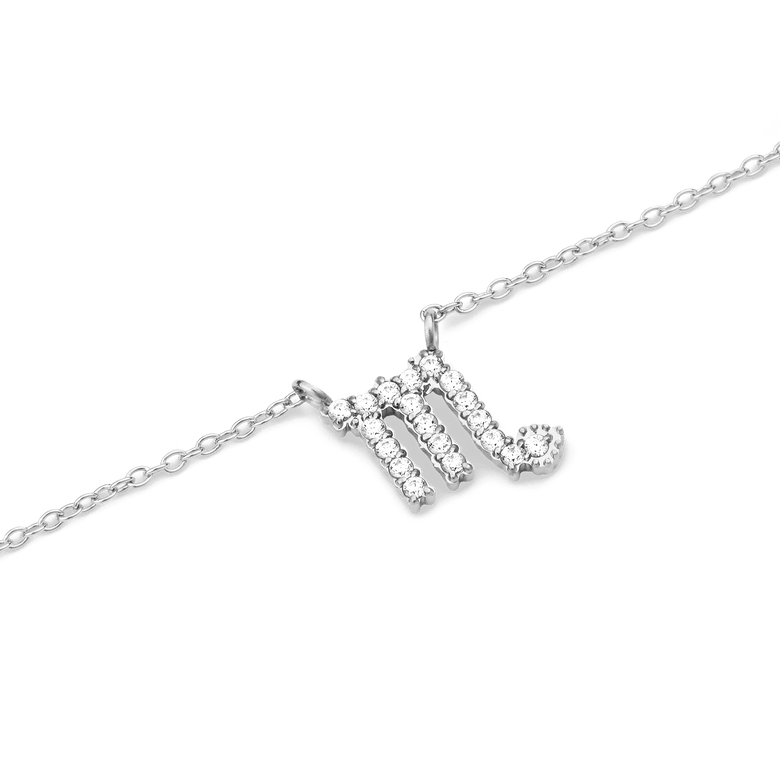 Crystal Zodiac Chain Necklace Silver featuring a Scorpio zodiac pendant crafted in silver and embellished with hand-set crystals, suspended on a fine silver chain.