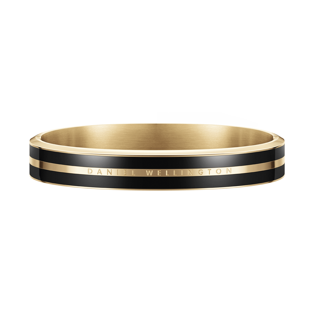 Polished gold and black enamel Emalie Infinite Gold Black bracelet with minimalist design and engraved Daniel Wellington branding, crafted from stainless steel for a refined, modern look.