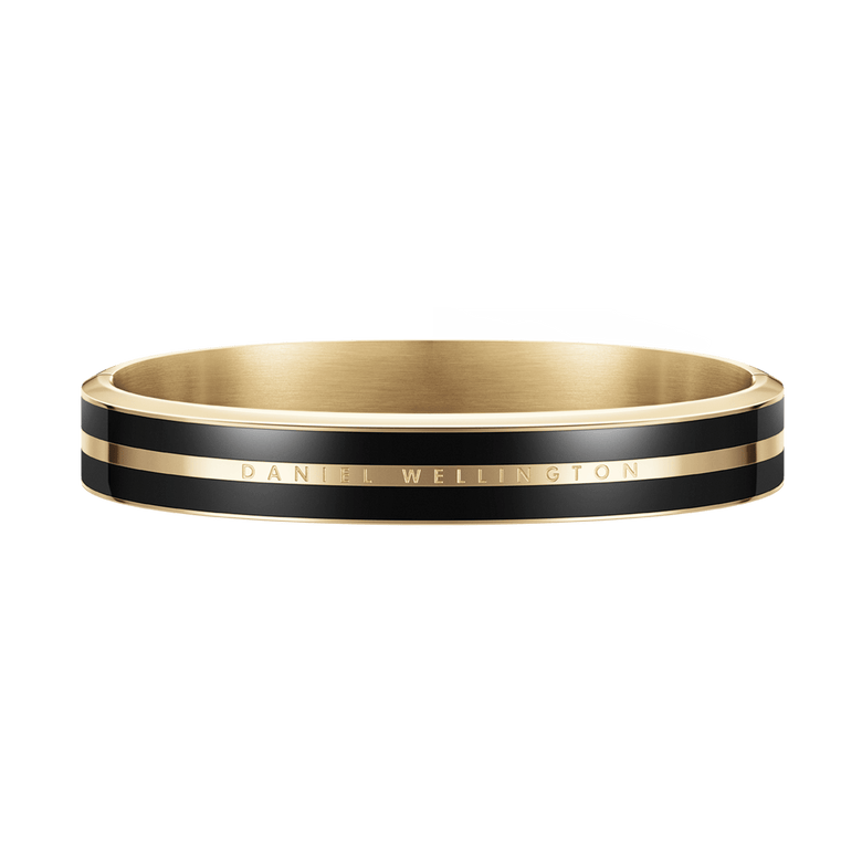 Polished gold and black enamel Emalie Infinite Gold Black bracelet with minimalist design and engraved Daniel Wellington branding, crafted from stainless steel for a refined, modern look.
