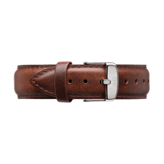 Rich brown Italian leather watch strap with polished silver buckle, designed for the Daniel Wellington Bristol BW dial and adjustable for a comfortable fit.