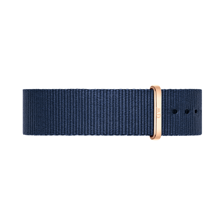 Midnight blue Bayswater Strap Rose Gold NATO watch strap with a rose gold buckle, crafted from durable polyester and designed for easy adjustment and comfortable daily wear.