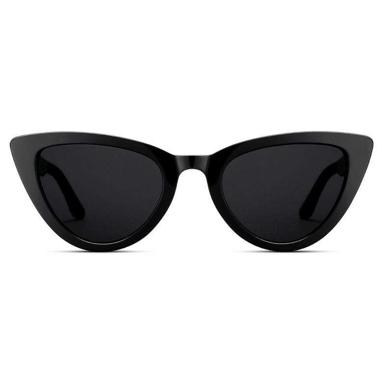 Lynx Bio-Acetate Black sunglasses with a bold cat eye shape, glossy black bio-acetate frame, and dark nylon lenses, designed for women seeking UV400 protection and modern style.