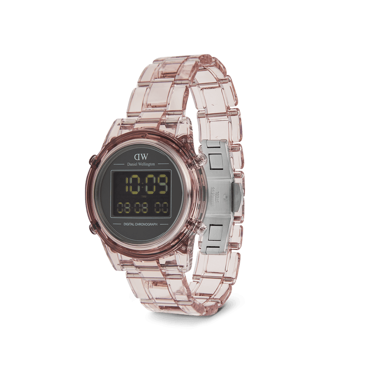 Retro Digital Dark Pink Dark Pink women’s watch with a transparent pink bio-based plastic strap, round black digital dial, and stainless steel butterfly clasp, showcasing a modern retro style.