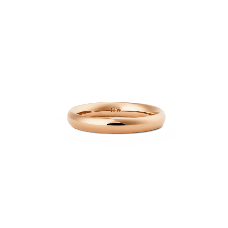 Polished rose gold band ring with a softly rounded 3.5mm profile, crafted from stainless steel and finished with a subtle inner logo, ideal for everyday or formal wear.