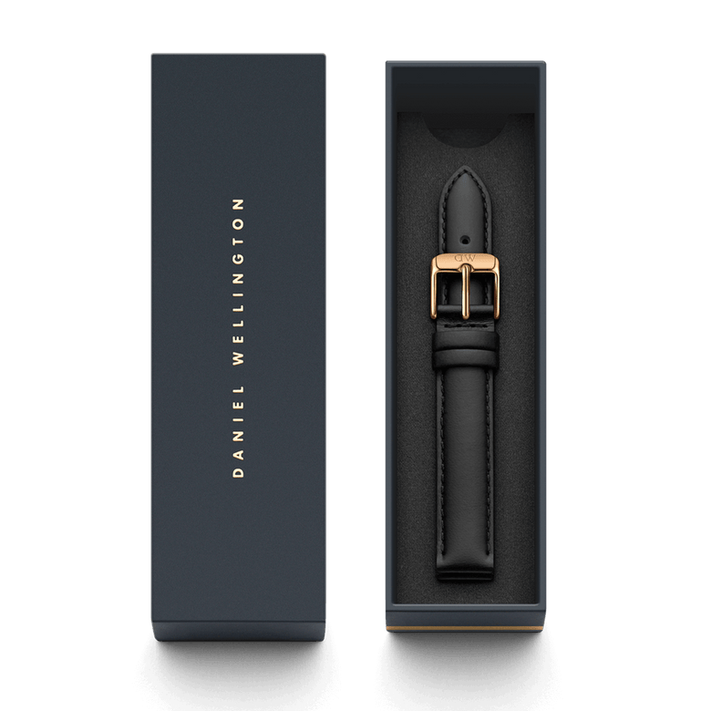 Sheffield Strap Rose Gold presented in a Daniel Wellington gift box, featuring a black genuine leather strap with a rose gold buckle, ideal for gifting or upgrading your watch with a refined finish.