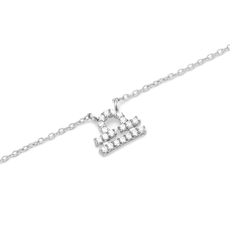 Crystal Zodiac Chain Necklace Silver featuring a Libra zodiac pendant crafted in silver and embellished with hand-set crystals, suspended on a fine silver chain.