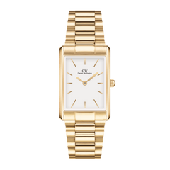 Bound 3-Link Gold wristwatch featuring a rectangular gold case, minimalist white dial, and a polished 3-link gold bracelet, designed for women seeking a refined and versatile accessory.