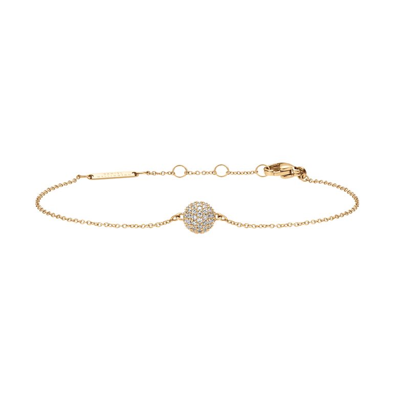 Delicate gold Pavé Crystal Pendant Bracelet featuring a sphere-shaped pendant set with sparkling cubic zirconia crystals, adjustable chain and secure lobster clasp.
