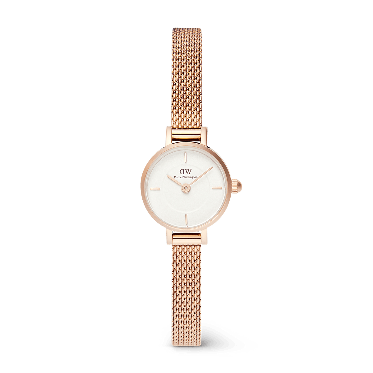 Petite Mini Melrose ladies watch with a 19mm round white dial and a rose gold mesh strap, featuring minimalist hour markers and a slim, adjustable stainless steel band.