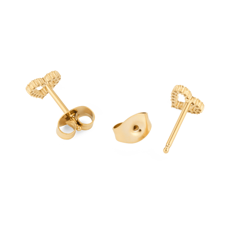 Back view of Mirelle Heart Earring Gold stud earrings, showing the heart-shaped design with gold butterfly backs and secure posts crafted from polished stainless steel with gold plating.